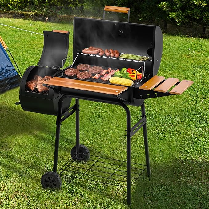 Royal Gourmet CC1624W Barrel Charcoal Grill with Offset Smoker 552 Sq. In. Cooking Area Wooden Front and Side Shelf with Hooks Mesh Bottom Shelf Charcoal Grill for Outdoor Grilling Black