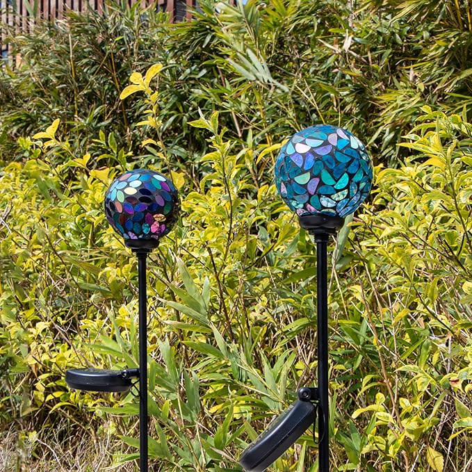VCUTEKA Solar Garden Decorative Lights Outdoor Mosaic Solar Light Waterproof LED Pathway Stake Light for Landscape Patio Yard Deck Walkway Decoration 2 Pack （Blue&ampPurple）