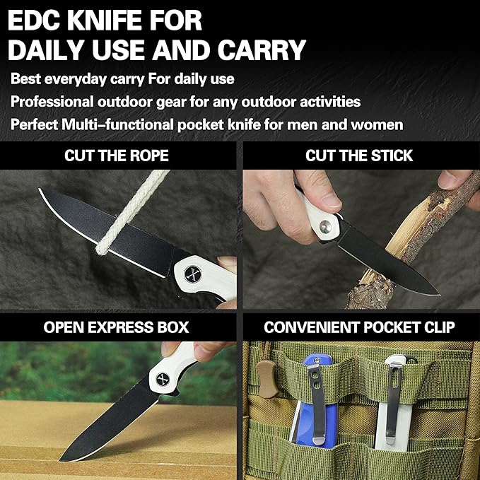 Father's Day Mother's Day &amp Birthday Gift for Him or Her - Unique White Pocket Knife for Men or Women Premium Folding Knife with D2 Steel &amp G10 Handle Fast One-Hand Open Flipper for EDC Ca