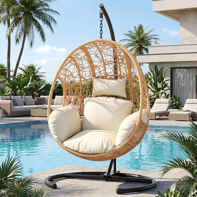 Oversized Hanging Egg Chair Set of 2 Outdoor Indoor Wicker Swing Egg Chair with Stand 400lbs Capacity for Bedroom Patio Garden and Balcony