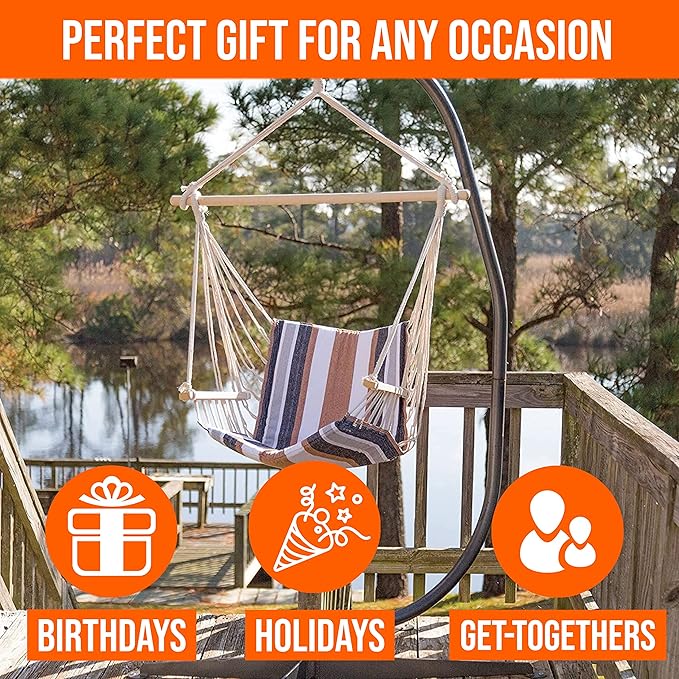 Castaway Living Hammock Chair Hanging Rope Cushioned Swing with Quick Dry Fabric for Indoor &amp Outdoor Use - Gray and Black Stripe