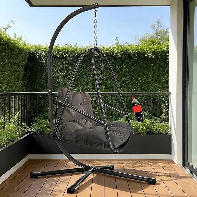 JESE Swing Egg Chair with Stand - UV Resistant &amp Waterproof Cushion Included with Cup Holder - Indoor/Outdoor Hanging Hammock Chair Suitable for Patio Bedroom Balcony Garden (Black)