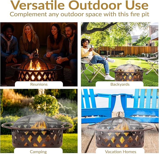 Sunnydaze Crossweave Outdoor Fire Pit - Wood-Burning Fire Pit for Outside with Spark Screen Poker and Round Cover - 30-Inch - Bronze