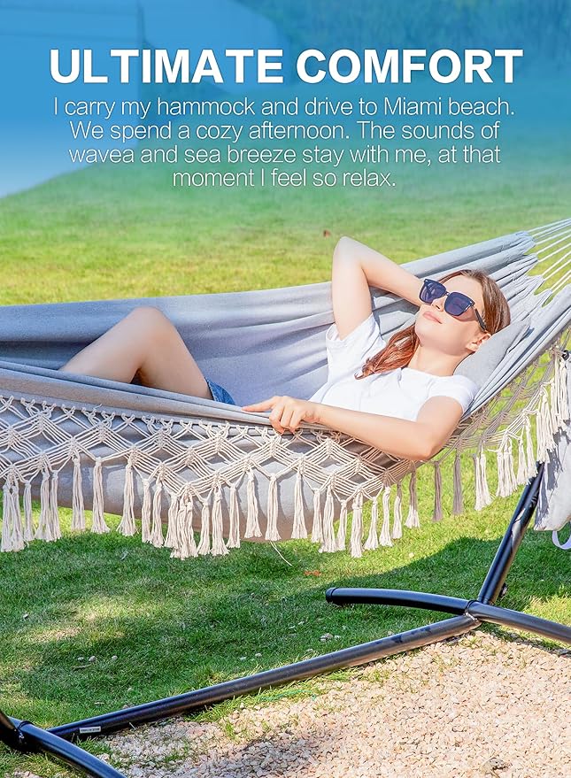 PNAEUT Handmade Tassel Hammocks Double Hammock with Stand for Outside Max 450 lbs Capacity Pillow &amp Storage Bag Included (Grey)