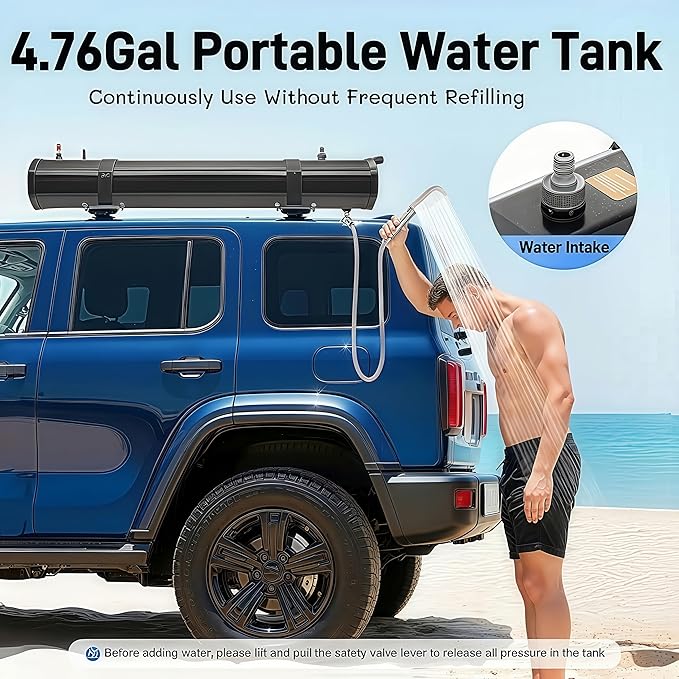 8Gal Roof Rack Mount Road Shower Pressurized Water Tank for Camping Shower w/ 5.58ft Water Pipe &amp Shower Headt Portable Camping Shower for Vehicle Truck SUV Sedan RV