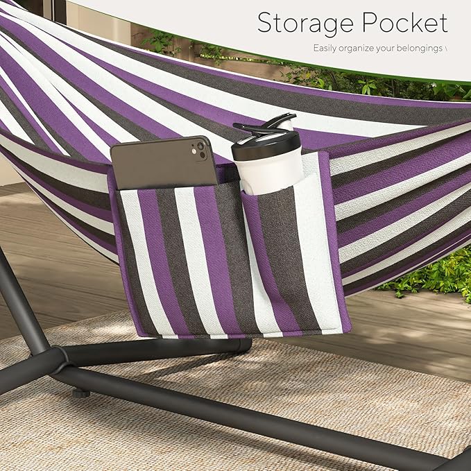 600lbs Hammock with Stand for Outside 2 Person Portable Hammock with Side Storage Carrying Bag Expend Wooden Bar for Outdoor or Indoor (Purple Black)