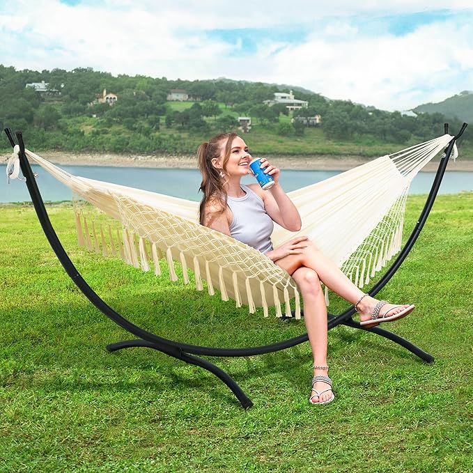 SUNCREAT Portable Outdoor Hammock with Stand Included Double Hammock with Tassel for Outside Beige