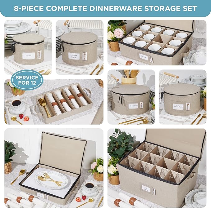China Storage Hard Shell Containers 8-Piece Set Moving Boxes for Dinnerware Glasses Plates Mugs and Saucers Sturdy Dish Organizer with Dividers for Seasonal Storage - Service for 12 - Brown