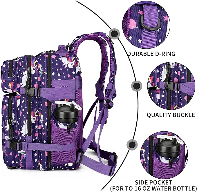 Lovelinks21 25L Tactical Military Backpack Small Travel Rucksack for Men and Women Assault Pack Bug Out Bag Molle Daypack Gym Backpack with Bottle Holder (Purple Pony)