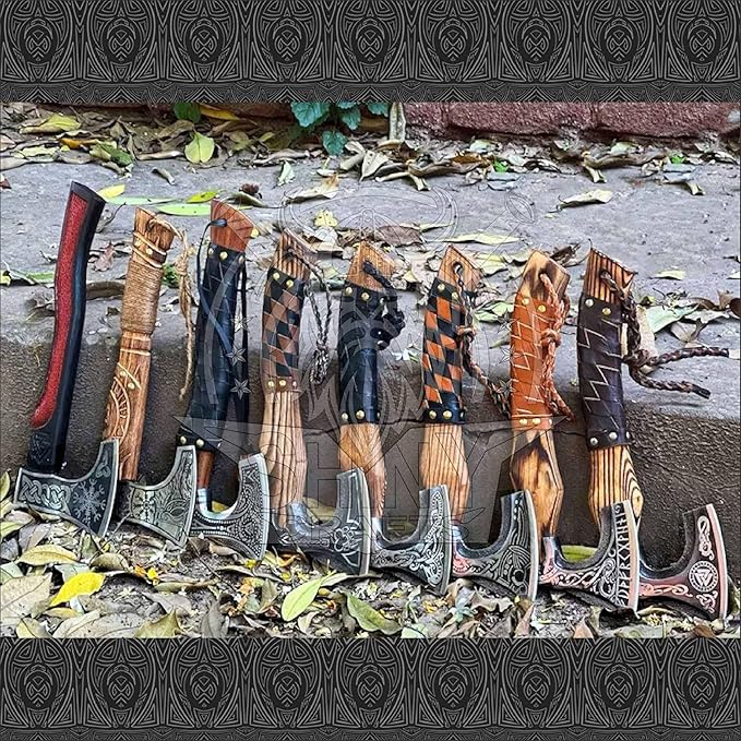 SHINY CRAFTS® Handcrafted Decorative Viking Axe with Leather-Wrapped Handle &amp Sheath – Engraved Blade – Ceremonial Collectible Gift for Men History Buffs Cosplay &amp Display (Set of 8 Viking A