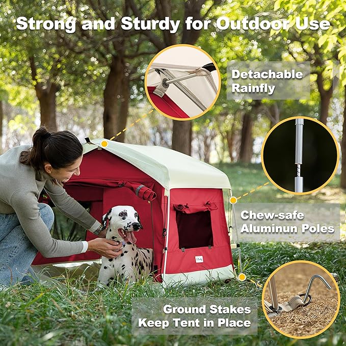 Dog Tent Cotton Fabric Aluminum Poles and Camping Mat Outdoor Weatherproof Dog House Outdoor Breathable with 2 Side Windows Portable and Collapsible (Red Large)