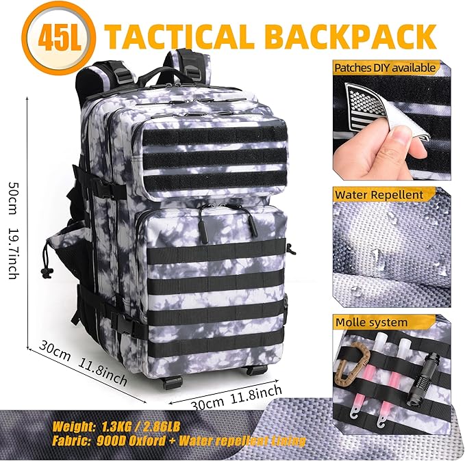LUPU TACTICAL 45L Backpack for Men and Women 3 Days Assault Pack Outdoor Travel Hiking Camping Rucksack with Molle Webbing (Black and White)