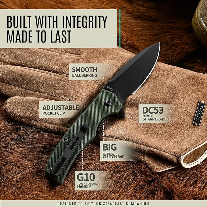 STARFISH Folding Knife 2.9 DC53 Steel PVD Titanium Coating Blade Pocket Knife with G10 Handle and Clip Lightweight Sharp Camping Hiking Daily Work Knives(green)