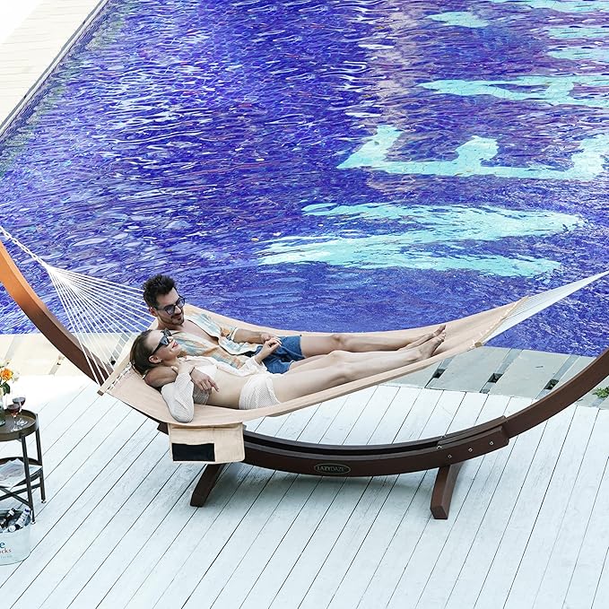 Lazy Daze Hammocks 11 FT Double Outside Hammock Quick Dry Olefin Fabric Hammock with Spreader Bar &amp Side Pocket for Outdoor Poolside Backyard 450 lbs Capacity Beige