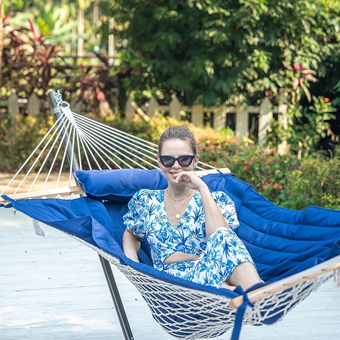 Lazy Daze Hammocks 2 Person Portable Hammock with 12FT Stand 10.5FT Double Hand Woven Cotton Rope Hammock with Detachable Quilted Pad &amp Pillow for Outside 450lb Capacity Navy Blue