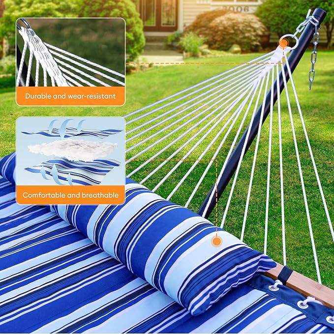 Everyfun Double Hammock with Spreader BarSoft PillowMax Load 500lbsPortable Hammock for OutdoorCampingand BackyardBlue