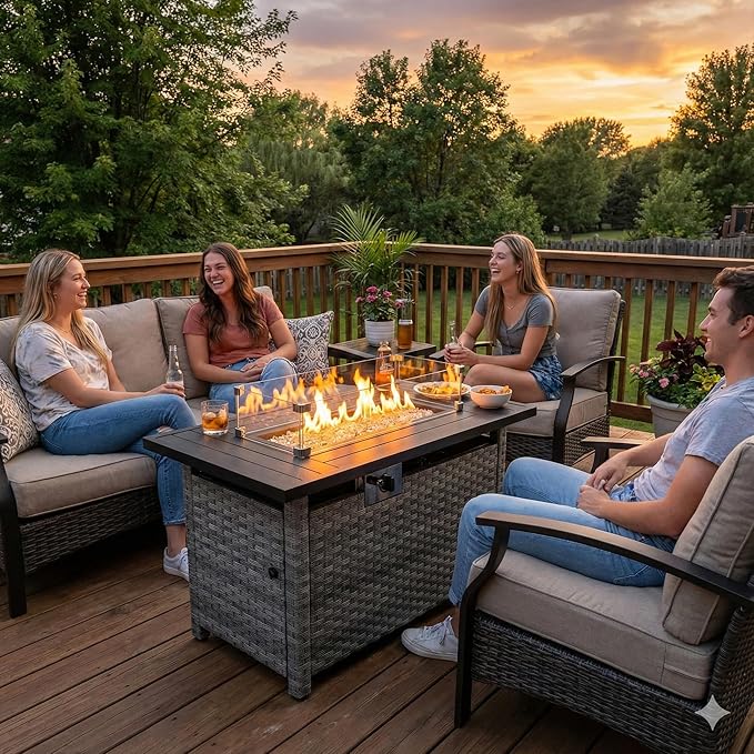 44 Fire Pit Table with Wind Guard for Outdoor Auto-Ignition Propane Gas Firepits Rattan Rectangular Table for Outside Patio 60000 BTU Gray