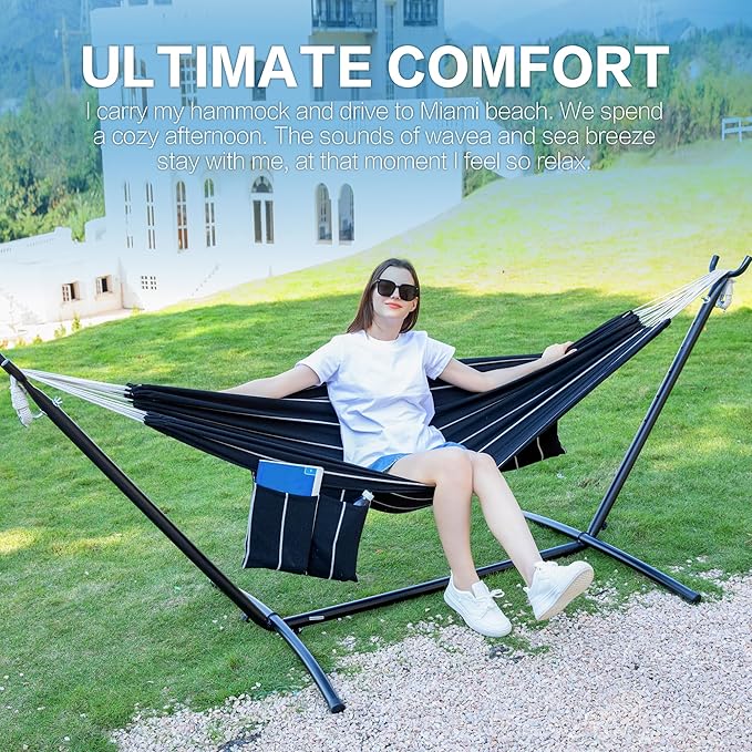PNAEUT Double Hammocks with Stand for Outside Portable Space Saving Heavy-Duty Steel Stand for Indoor Outdoor Patio with Carrying Bag 450 lbs Capacity (Chasm)