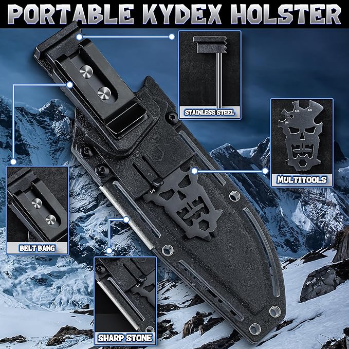 Purple Dragon Fixed Blade Knife with Kydex Sheath D2 Steel Survival Knives Black Camping Knife with Ergonomic G10 Handle Outdoor Knives for Men and Women
