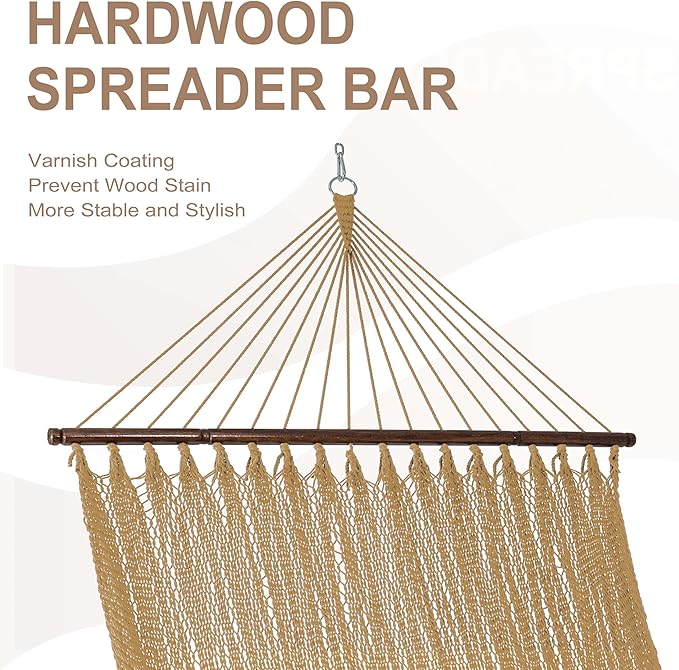 Lazy Daze Hammocks 10.5 FT Double 2 Person Caribbean Rope Hammock Hand Woven Polyester Hammock with Spreader Bars for Outside Outdoor Backyard Patio Poolside 450 LBS Capacity Tan