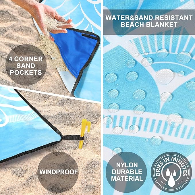 Beach Blanket Waterproof Sandproof Beach Mat 79 X 83/10'x9'for 2-8 Adults Quick Drying Outdoor Picnic Mat Beach Accessories for Travel Camping Hiking