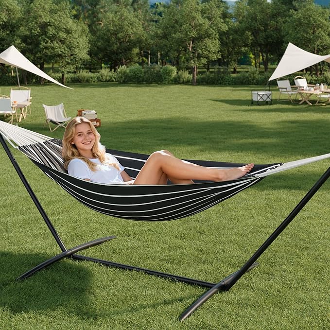 GAOMON Double Hammock with Steel Stand for Outside Portable Space Saving for Indoor Outdoor Patio w/Carrying Bag 450 lbs Capacity - Onyx Stripes