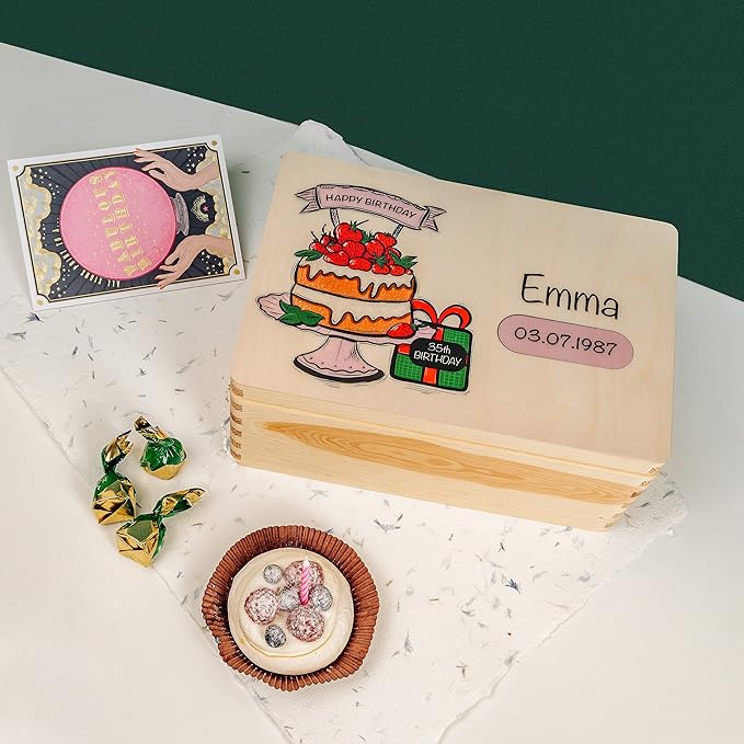 Creative Deco Personalized Wooden Storage Box Birthday Cake | 11.8x7.87x5.51in (+-0.5) | Multiple Choice | Hinged Lid Handles &amp Engraving | Birthday Gift Box | Rough UNSANDED Keepsake Memory Souve