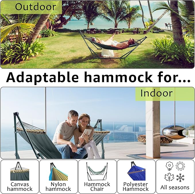 Tranquillo Universal Hammock with Stands Electro Static Coated Steel Adjustable Foldable Hammock Stand with 2 Layered Polyester Net and Carry Bag for 2 Persons (Canvas - Grey)