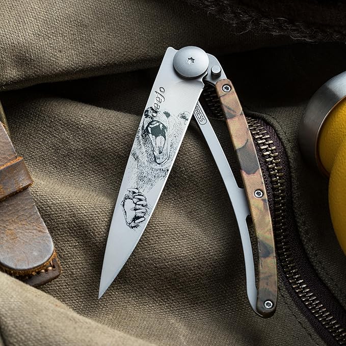 deejo - 37G Folding Pocket Knife with Belt Clip - Grizzly Design 3.7-Inch Stainless Steel Blade Brown Camo Handle - Lightweight Everyday Carry for Home Work and Outdoor Use
