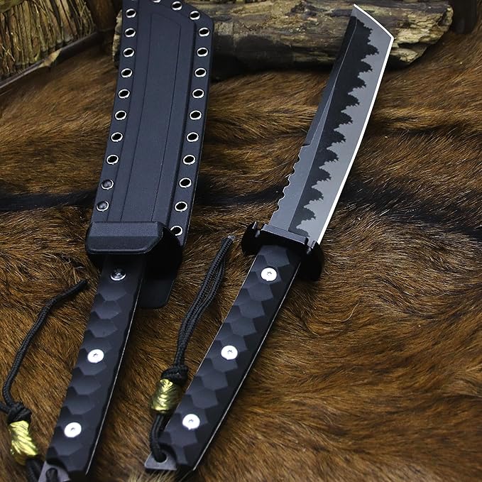 BA-KOR 15.8in Full Tang Japanese Style Outdoor Knife –8mm DC53 Steel Nylon Fiber Handle &ampSheath Hunting Survival Knife+(5.9in) cerium igniter (Black handle and black blade (8mm))