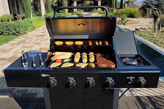 Kenmore 4-Burner Gas Grill with Side Burner Outdoor BBQ Grill Propane Gas Grill Cast Iron Cooking Grates Electronic Ignition Warming Rack Open Cart Design 53000 BTUs Black