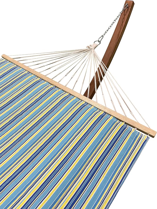 14 Ft. Water Treated Wooden Arc Hammock Stand + Premium Quilted Double Padded Hammock Bed. 2 Person Bed.450 LB Capacity(Teak Stain/Teal &amp Yellow Stripe)