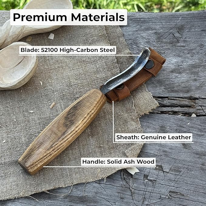 Sharky Spoon Carving Hook Knife with Long Curved Blade 2.7 in (7 cm) – Ergonomic Ash Wood Handle and Protective Leather Sheath for Precise Woodworking and Bowl Carving
