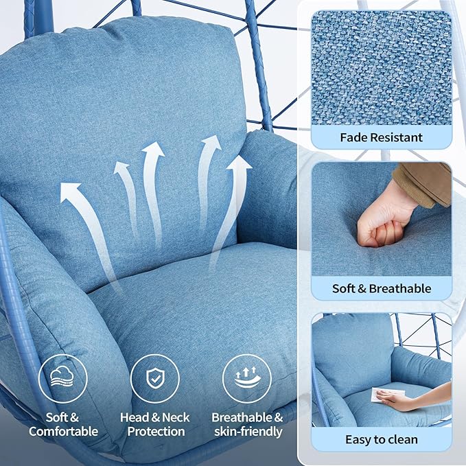 Hanging Egg Chair with Stand Outdoor Indoor Patio Rattan Swing Hammock Chairs with Washable Cushion PE Wicker Swing Chair for Backyard Bedroom Garden (Blue + Blue Cushion No Footrest)