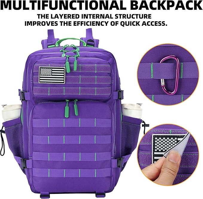Lovelinks21 45L Tactical Assault Backpack 3 day assault pack with Molle Waterproof backpack Rucksack for Tactical Backpacks (Purple Green)