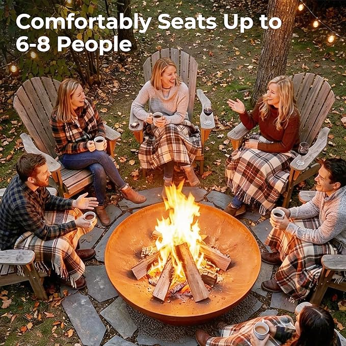 KOL Fire Pit for Outside Wood Burning 35.5 Inch Large Round Firepit Bowl Outdoor and Patio Heavy-Duty Bonfire Pit Oxidized Finish Free-Standing Camping Backyard Terrace