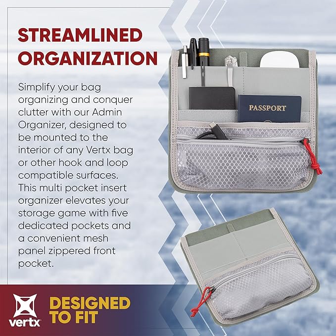 Vertx Admin Organizer Multi Pocket for Backpack Bag Organization Hook and Loop Attachment Grey - One Size