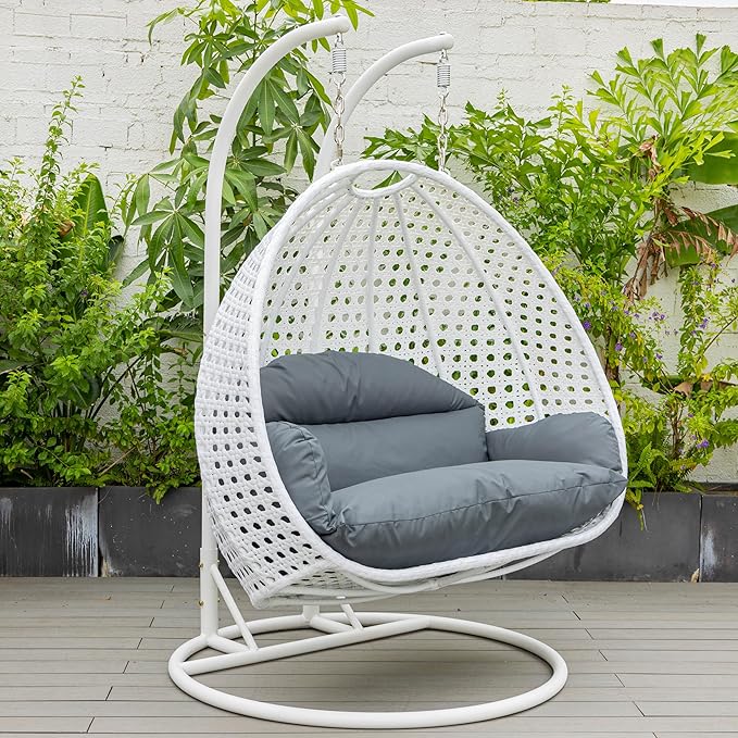 LeisureMod 2 Person Hanging Egg Chair Indoor Outdoor Patio Lounge Swing with White Stand &amp UV-Resistant Cushions Hammock Chair for Bedroom &amp Garden Dark Grey