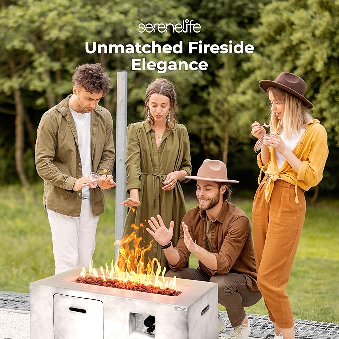 SereneLife Fire Pit Table – 50000 BTU Propane Gas Fire Pit with Adjustable Flame Stainless Steel Burner &amp Lava Rock – Weather-Resistant Easy Propane Access Perfect for Outdoor Parties &amp BB