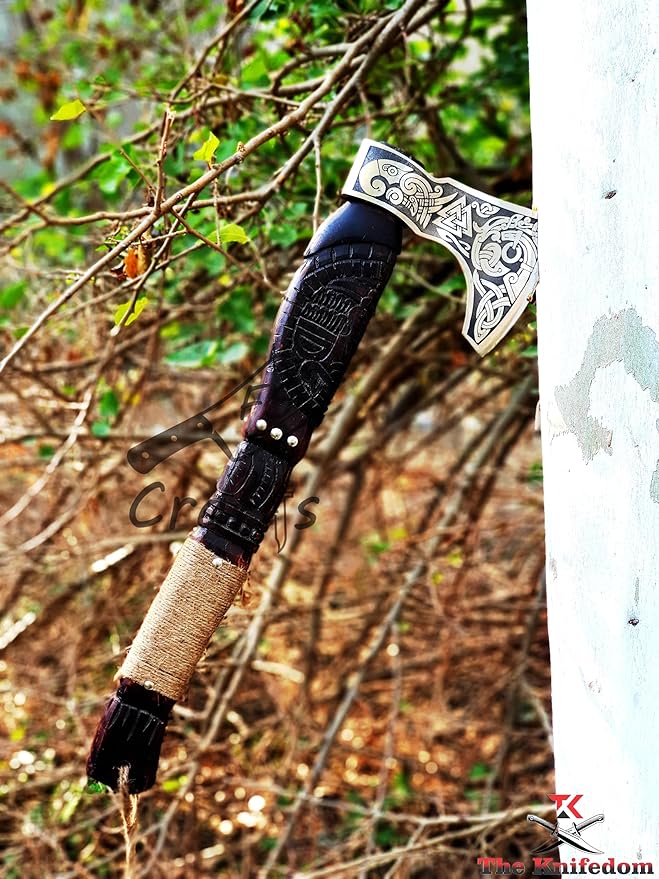 FS Crafts 21 Custom Handmade Carbon Steel Viking Axe Hand Forged Outdoor Hunting Camping Norse Axe Hatchet Bearded Dane Axe Ragnar Engraved Handle with Leather Sheath AXE003FR