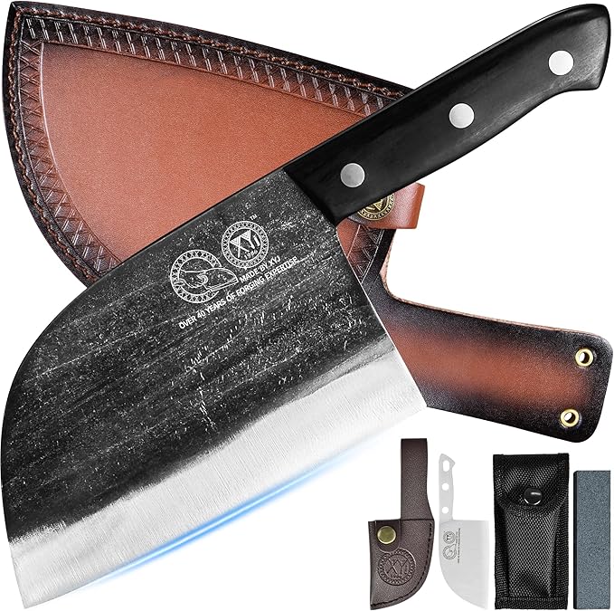 XYJ Authentic Since 1986Outstanding Ancient Forging6.7 Inch Full TangSerbian Chefs knifeChef Meat CleaverKitchen KnivesSet with Leather SheathTake CarryingButcher