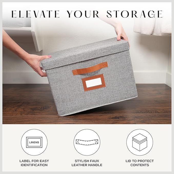 3 Pack Large Fabric Storage Boxes with Lids (15.75 x 11.25 x 11.25) - Decorative Bin with Lid Label Holder Faux Leather Handles - Large Storage Boxes for Organizing Clothes Blankets - Grey