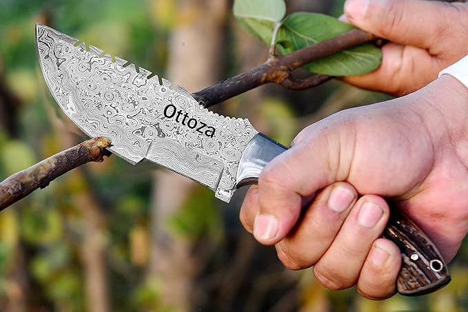 Ottoza Tracker Knife with Horizontal Carry Leather Sheath and Stag Horn Handle – Damascus Fixed Blade Hunting Knife for Survival and Outdoor Use 114