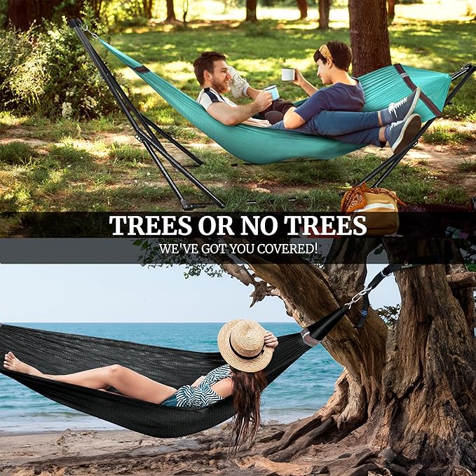 Tranquillo Combo x2 Hammocks with Stand for Outside &amp Tree Straps Heavy Duty Hammock with Stand 600lbs for Indoor Outdoor Patio Backyard x2 Hammocks for 2 Person (Combo - Sky Medium)