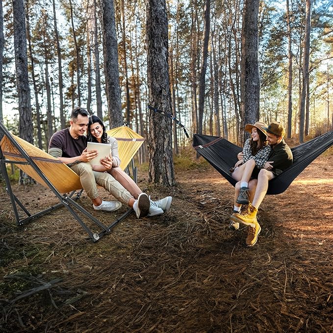 Tranquillo Combo x2 Hammocks with Stand for Outside &amp Tree Straps Heavy Duty Hammock with Stand 600lbs for Indoor Outdoor Patio Backyard x2 Hammocks for 2 Person (Combo - Yellow Medium)