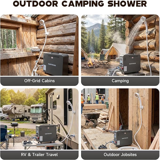 DARTMOOR Portable Propane Water Heater Battery Powered Outdoor Portable Shower with 37500 BTU LCD Display Auto Shutoff Camping Shower with 4500mAh Rechargeable Battery for Hunting Cleaning Camping