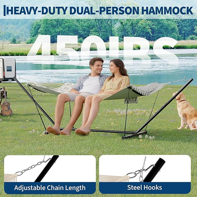 GarveeLife 2 Person Double Hammock with Stand and Pillow - 450 Lbs Capacity Heavy Duty Hammock with Balance Rope Large Outdoor Hammock for Patio Backyard Poolside