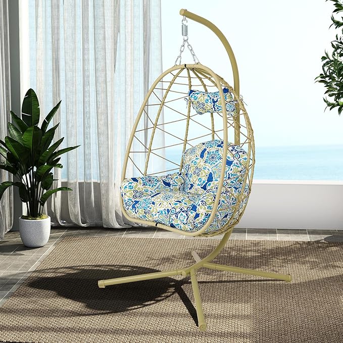 Hanging Egg Chair with Stand Outdoor Indoor Patio Rattan Swing Hammock Chairs with Washable Cushion PE Wicker Swing Chair for Backyard Bedroom Garden (Cyan + Floral Cushion No Footrest)