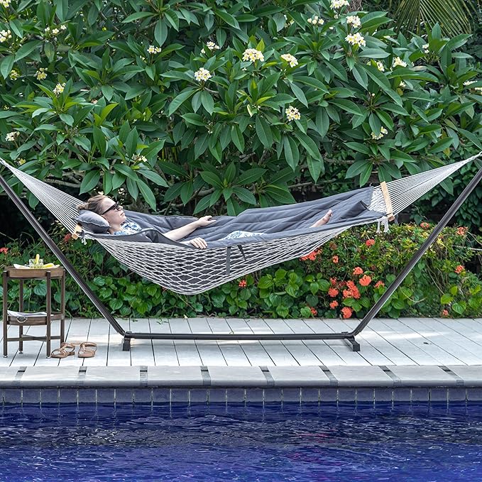 Lazy Daze Hammocks 2 Person Portable Hammock with 12FT Stand Double Hand Woven Cotton Rope Hammock with Detachable Quilted Pad &amp Pillow for Outside 450lb Capacity Grey