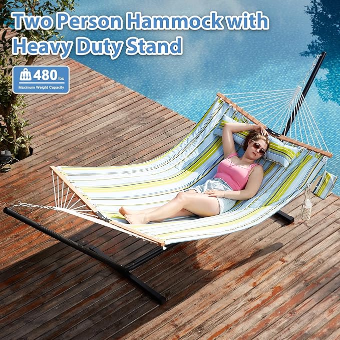 Homgava Two Person Hammock with Stand for Outside Heavy Duty Outdoor Patio Hammock with Portable Steel Stand Large Double Hammocks480lbs Capacity.(Light Blue Stripes)